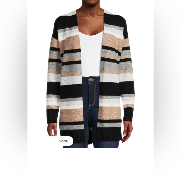 Time and Tru Women's Black, Tan, and Grey Striped Cardigan. Sz.M - Picture 1 of 6